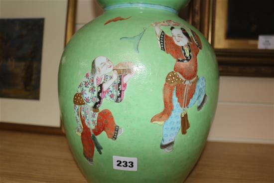 A large 19th century Chinese green ground double gourd phoenix vase, H 57.5cm (restored)